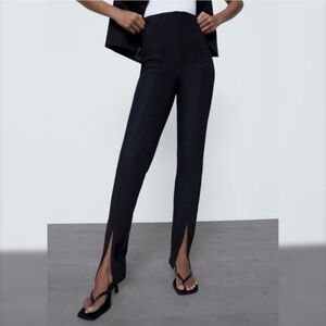 Zara Solid Black Front Hem Slit Trouser Pants